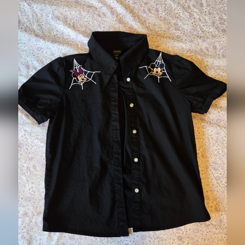 Her Universe Black Button-Up Shirt with Spider Web Design